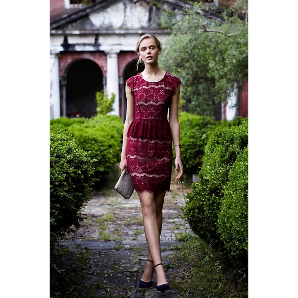 Anthropologie Maeve Elsa Peplum Lace Dress - Wine Red, Romantic, Size Medium